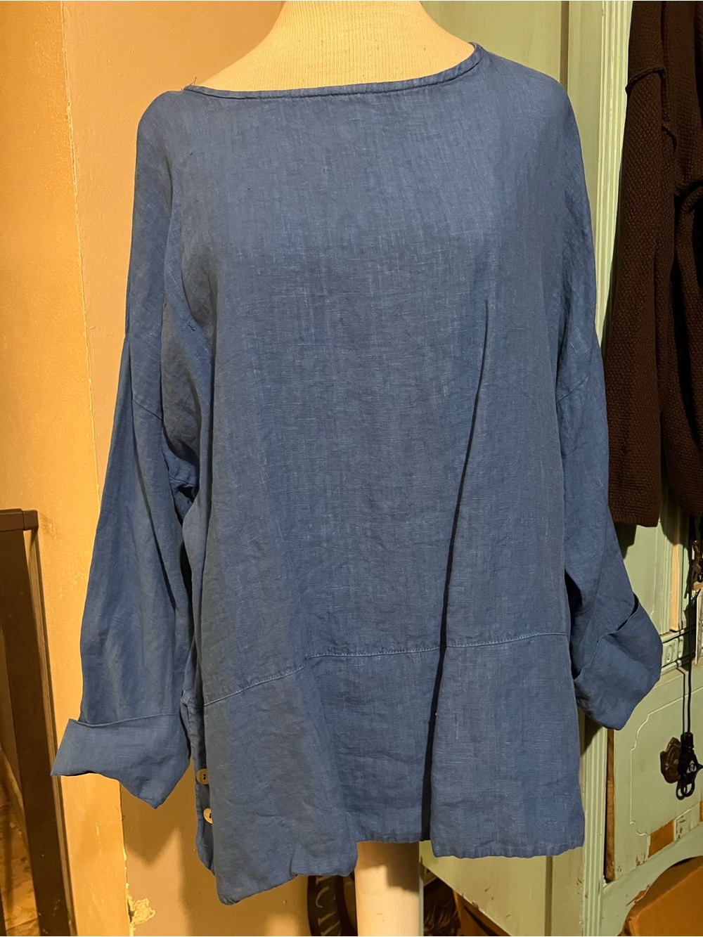 Bryn Walker Linen Resort Shirt Oversize Tunic Shirt 1X Blue Lagenlook Boho